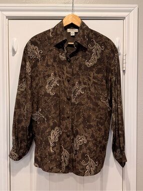 Vintage Rodier 100% Silk Blouse Button Up Brown Leaves Polka Dots Women’s Sz 6